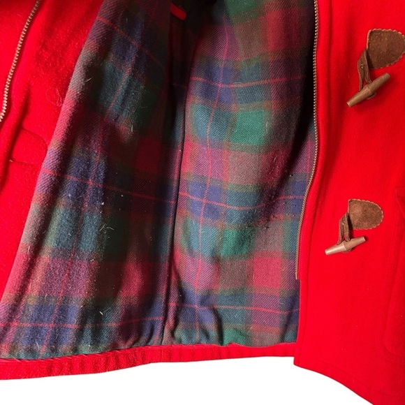 Vintage LL BEAN Wool Duffel Coat Toggle Jacket w/Hood Womens Red with Plaid - Picture 4 of 7